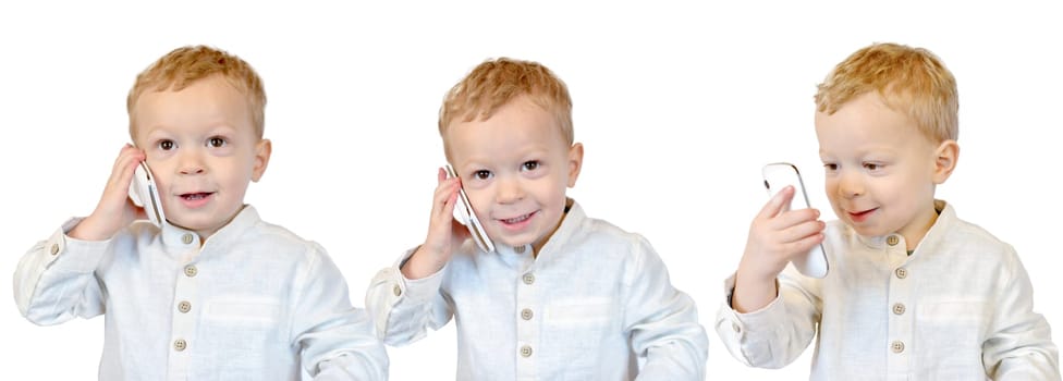 baby using a smartphone isolated on the white background