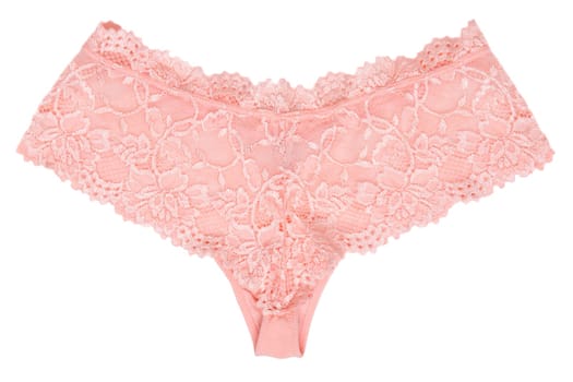 Underwear woman isolated. Close-up of luxurious elegant pink lacy thongs panties isolated on a white background. Underwear fashion. Back view.