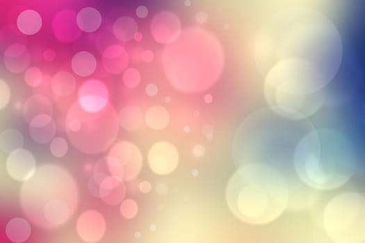 Abstract gradient purple pink yellow blue background texture with blurred bokeh circles and lights. Space for design. Beautiful backdrop illustration.