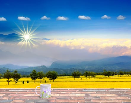 The 3d rendering of iris flower on the coffee cup with nice view