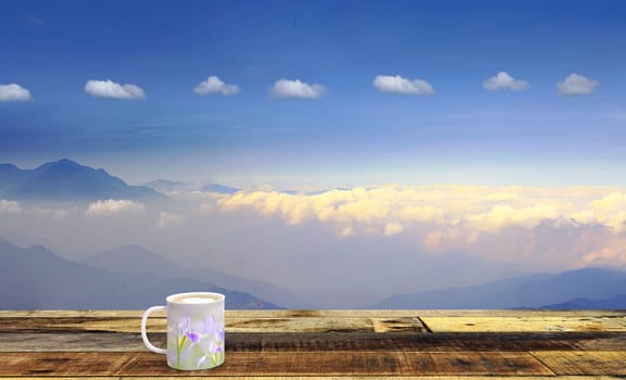 The 3d rendering of iris flower on the coffee cup with nice view