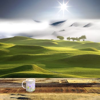 The 3d rendering of iris flower on the coffee cup with nice view