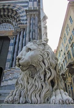 Leon statue on front of Cathedral of San Lorenzo, Genoa