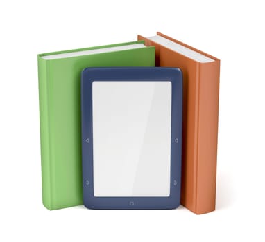 Blue e-reader and two books on white background
