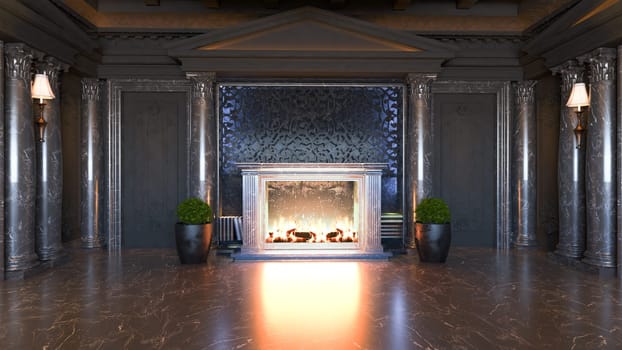 dark baroque and classic interior design idea with fireplace and plant, black marble floor and column realistic 3D rendering