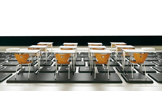 online education, classroom with modern chair and desk on computer keyboard realistic 3D rendering