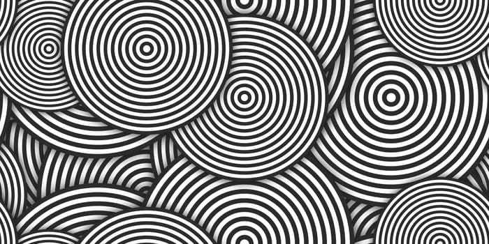 Monochrome Circles Сoncentric Polygons Backgrounds. Seamless Hypnotic Psychedelic Compositions.