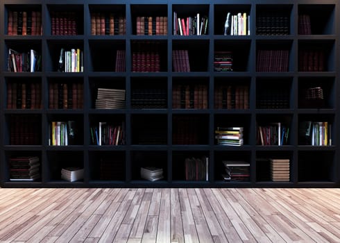 Modern library design, black bookshelf with wooden parquet realistic 3D rendering
