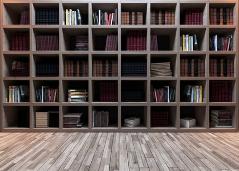 Modern library design, wooden bookshelf with wooden parquet realistic 3D rendering