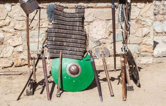 Reconquest warrior equipment. Displayed on stand outdoors