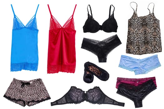 Underwear woman isolated. Collage set of luxurious elegant red black lacy thongs panties, female stylish black bra with laces and straps, black slippers and sexy female colorful satin night dresses with lace.