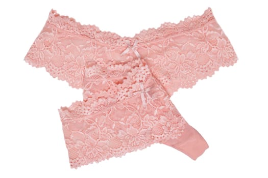 Underwear woman isolated. Close-up of two luxurious elegant pink lacy thongs panties isolated on a white background. Underwear fashion. Front view.