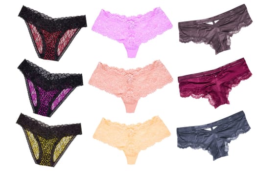 Underwear woman isolated. Collage of different luxurious elegant colorful lacy thongs panties isolated on a white background. Set of sexy lace lingerie.