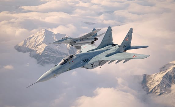 Military fighter aircraft Mig 29, flying above the clouds. Two airplanes. 3d illustration.