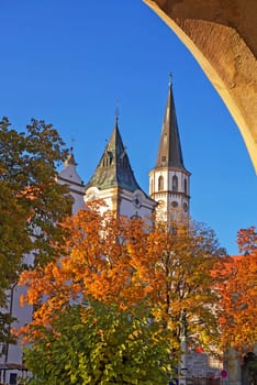Medieval town square with city hall and church