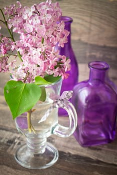 A branch of lilac with flowers in the rays of sun standing in a bottle of water. Decorated with violet bottles