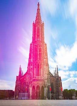 Exterior of the Ulm Cathedral, Germany, Europe. Church facade. Travel and religion.