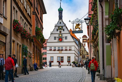 Rothenburg Ob Der Tauber, Germany - SEPTEMBER 24, 2014: View on old city street with traditional architecture of Rothenburg Ob Der Tauber, Bavaria, Germany, Europe