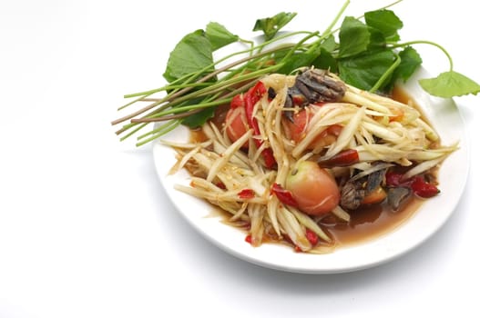 Som tam thai, green papaya salad on white background