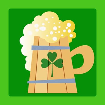 Foamy mug of beer in Patricks day with green clover