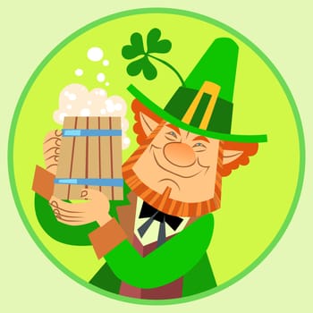 Day Patrick green red leprechaun with beer and Shamrock happy