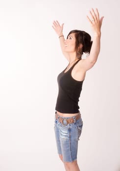 A colorful representation of woman reaching up excited and happy