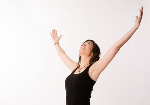 A colorful representation of woman reaching up excited and happy