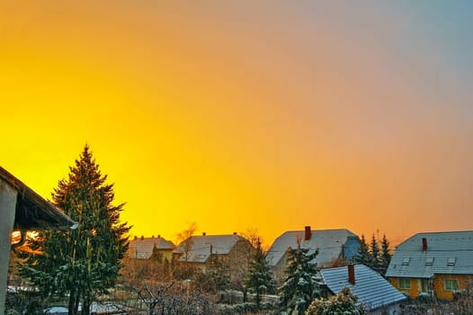 Winter sunrise with snowing