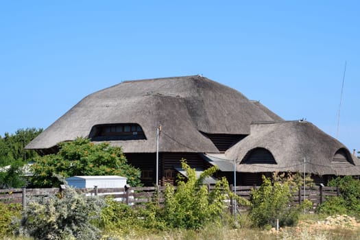Kafe with a cane roof. The roof is made of reeds and reeds.