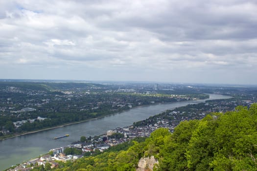 view to river Rhine from the famous mountain Drachenfels in Koenigswinter, Germany