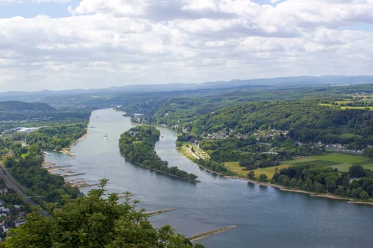 view to river Rhine from the famous mountain Drachenfels in Koenigswinter, Germany