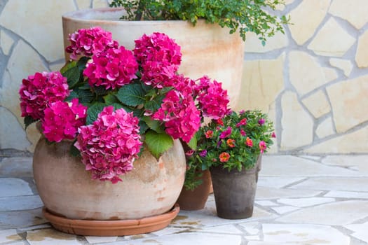 beautiful place in the garden in the mediterranean style, pots with flowers