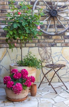 beautiful place in the garden in the mediterranean style, pots with flowers