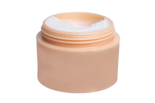 Cosmetic products isolated. Close-up of a opened elegant cosmetic cream bottle with a skin care product for face isolated on a white background. Macro.