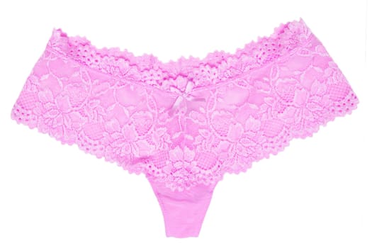 Underwear woman isolated. Close-up a luxurious elegant violet lacy thongs panties isolated on a white background. Underwear fashion. Front view.