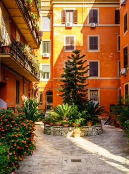 Beautiful courtyard in an old residential area in Rome, Italy