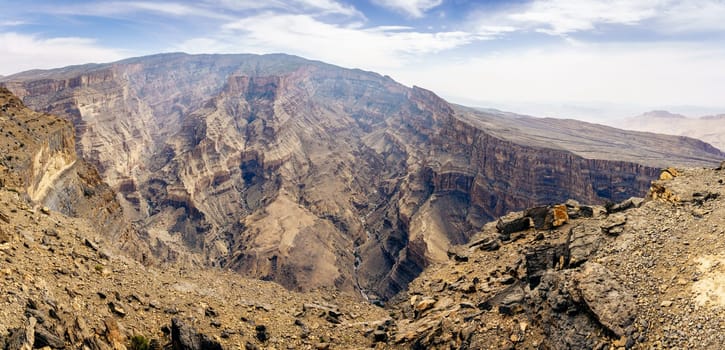 Panoramic view of Wadi Ghul aka Grand Canyon of Arabia in Jebel Shams, Oman