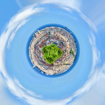 Beautiful panoramic aerial 360 View of Spain's Barcelona from the Hill of Three Crosses in Güell Park over the Mediterranean Sea and the Eixample or New Town. In the center - Sagrada Familia