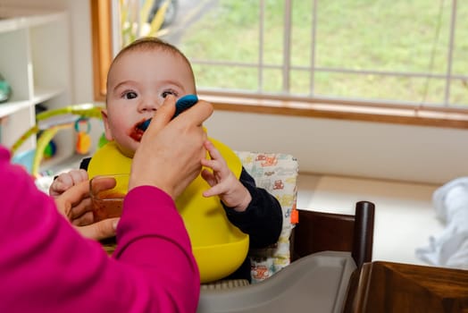 Adorable little baby boy in feeding chair being spoon fed by his mother
