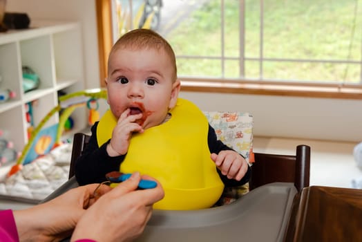 Adorable little baby boy in feeding chair being spoon fed by his mother