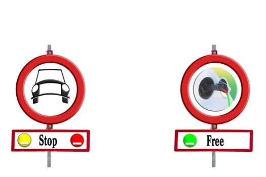 Street signs diesel driving ban and e-car free in front of white background. Concept environmental protection