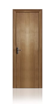 Close up of closed wooden door isolated on white background