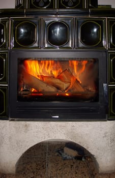 Fireplace with burning wood