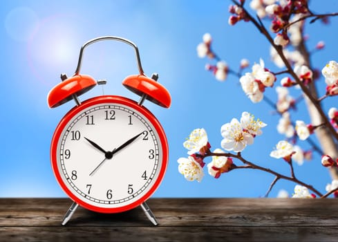 Vintage red alarm clock on wooden table or bench in the spring season on the background of a blooming fruit tree background. Return to summertime. Switch to daylight saving time.