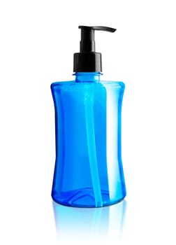 Blue liquid soap in plastic pump bottle. Isolated on white background. WIth clipping path