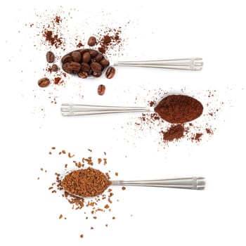 Spoons with coffee beans, powder and instant coffee isolated on white background.