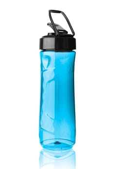 Plastic blue sports bottle. Isolated on white background. With clipping path