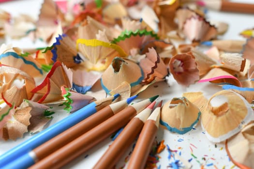 Wooden colorful pencils with sharpening shavings, on a white table
