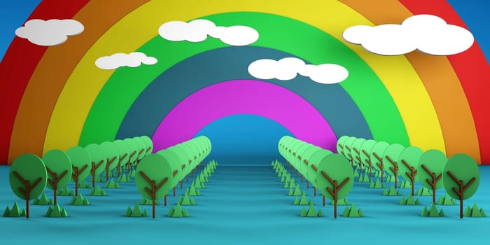 Rainbow Sky and Trees 3D Illustration Render