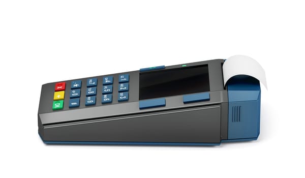 Credit card terminal on white background, side view